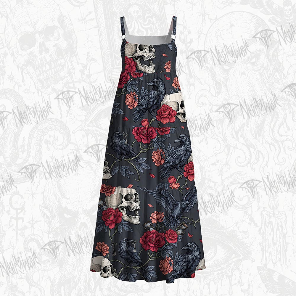 Dark Gothic Crow & Blood Rose Wide Straps Maxi Dress