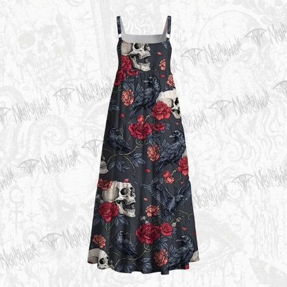 Dark Gothic Crow & Blood Rose Wide Straps Maxi Dress