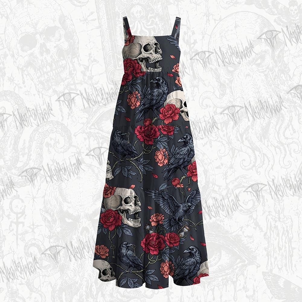 Dark Gothic Crow & Blood Rose Wide Straps Maxi Dress