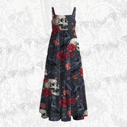 Dark Gothic Crow & Blood Rose Wide Straps Maxi Dress
