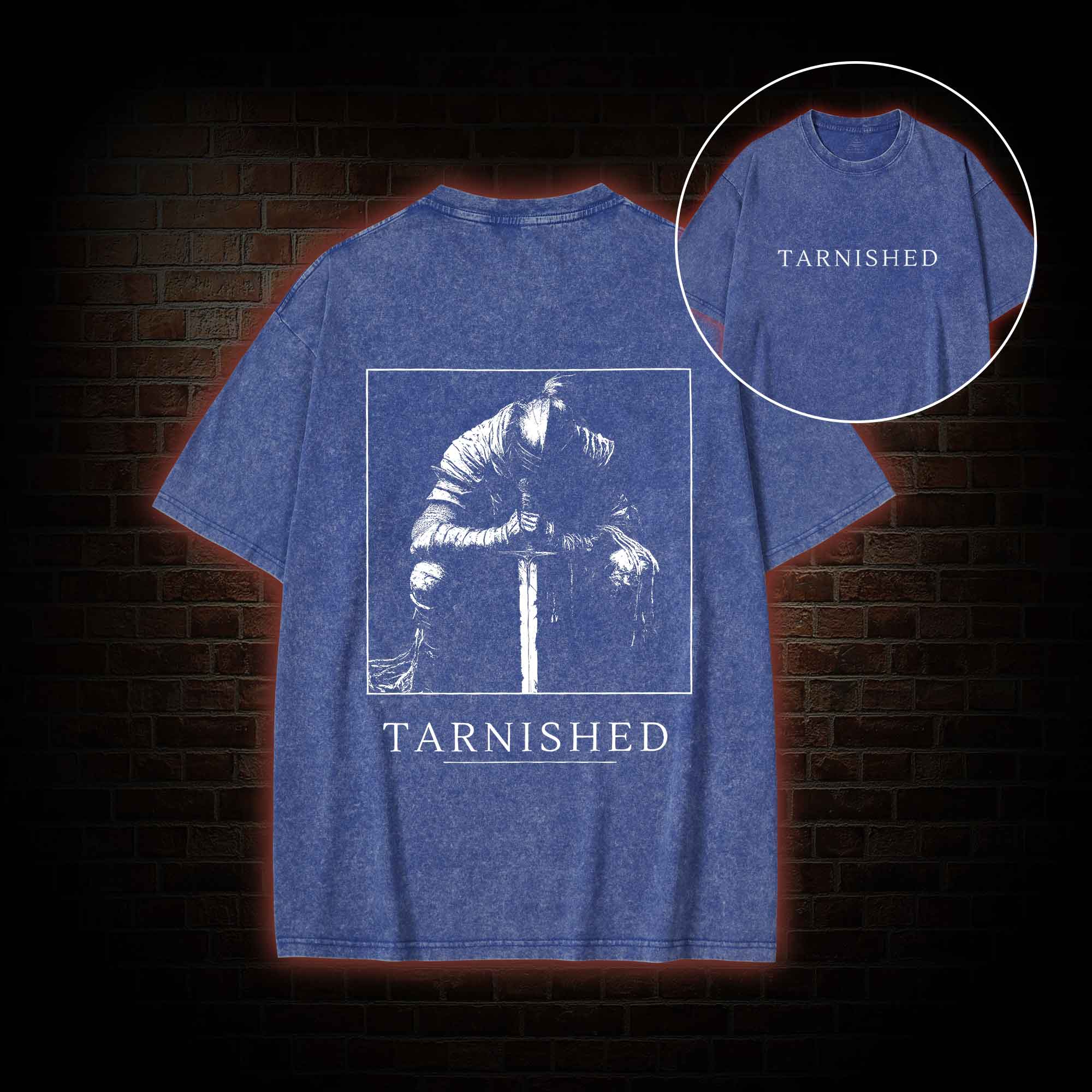 Dark Knight With Sword Back Print Washed T-shirt