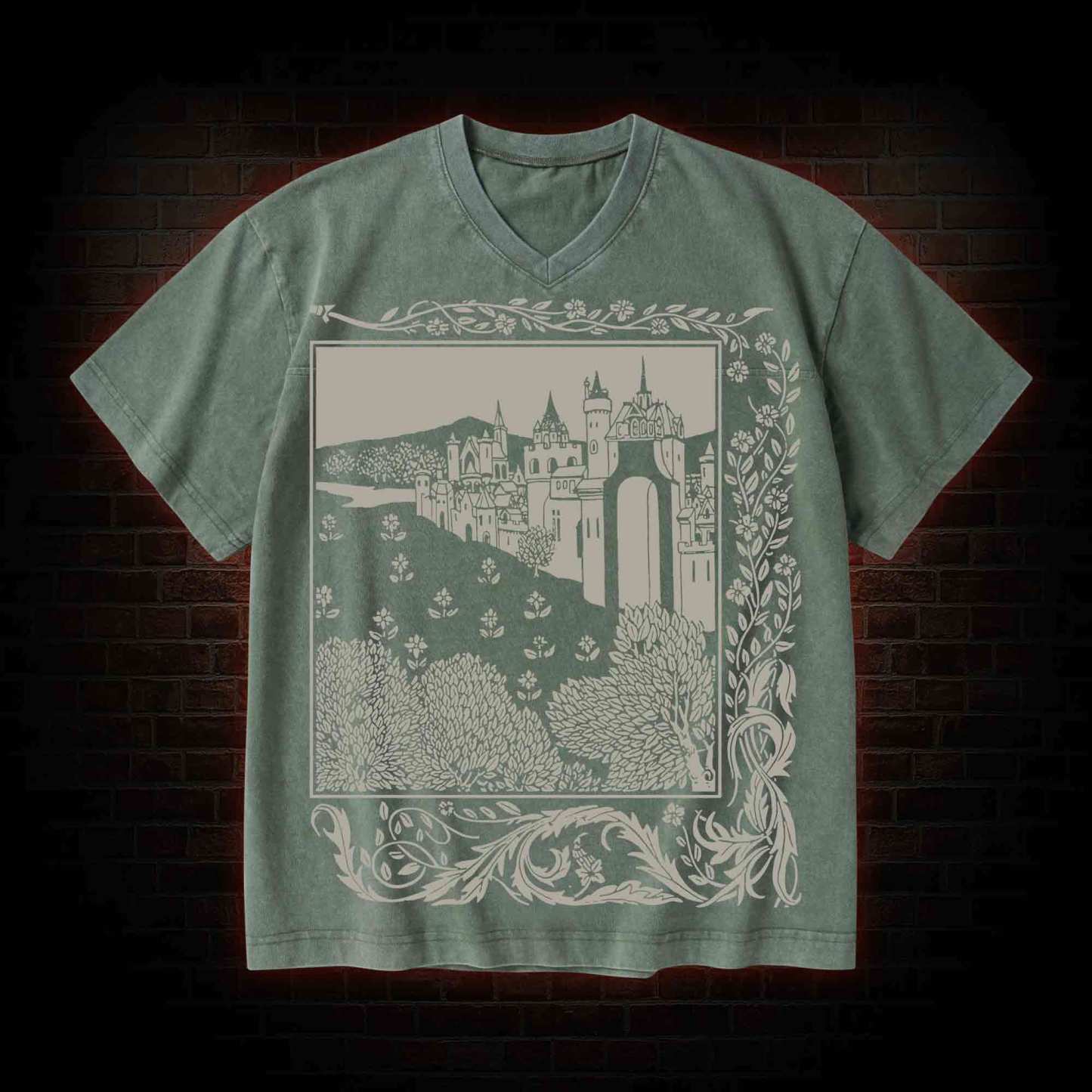 Medieval Castle V-Neck Streetwear Washed T-shirt