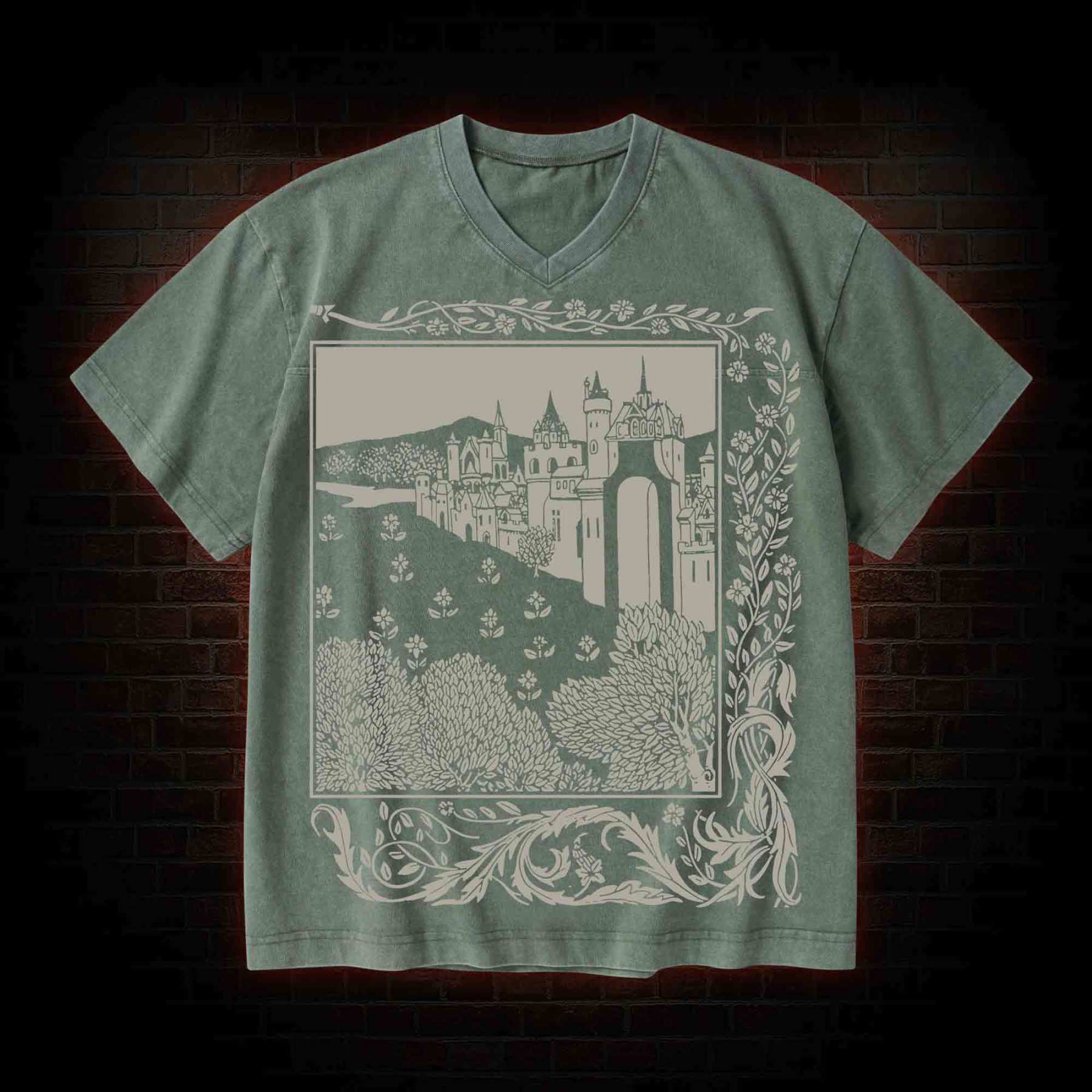 Medieval Castle V-Neck Streetwear Washed T-shirt