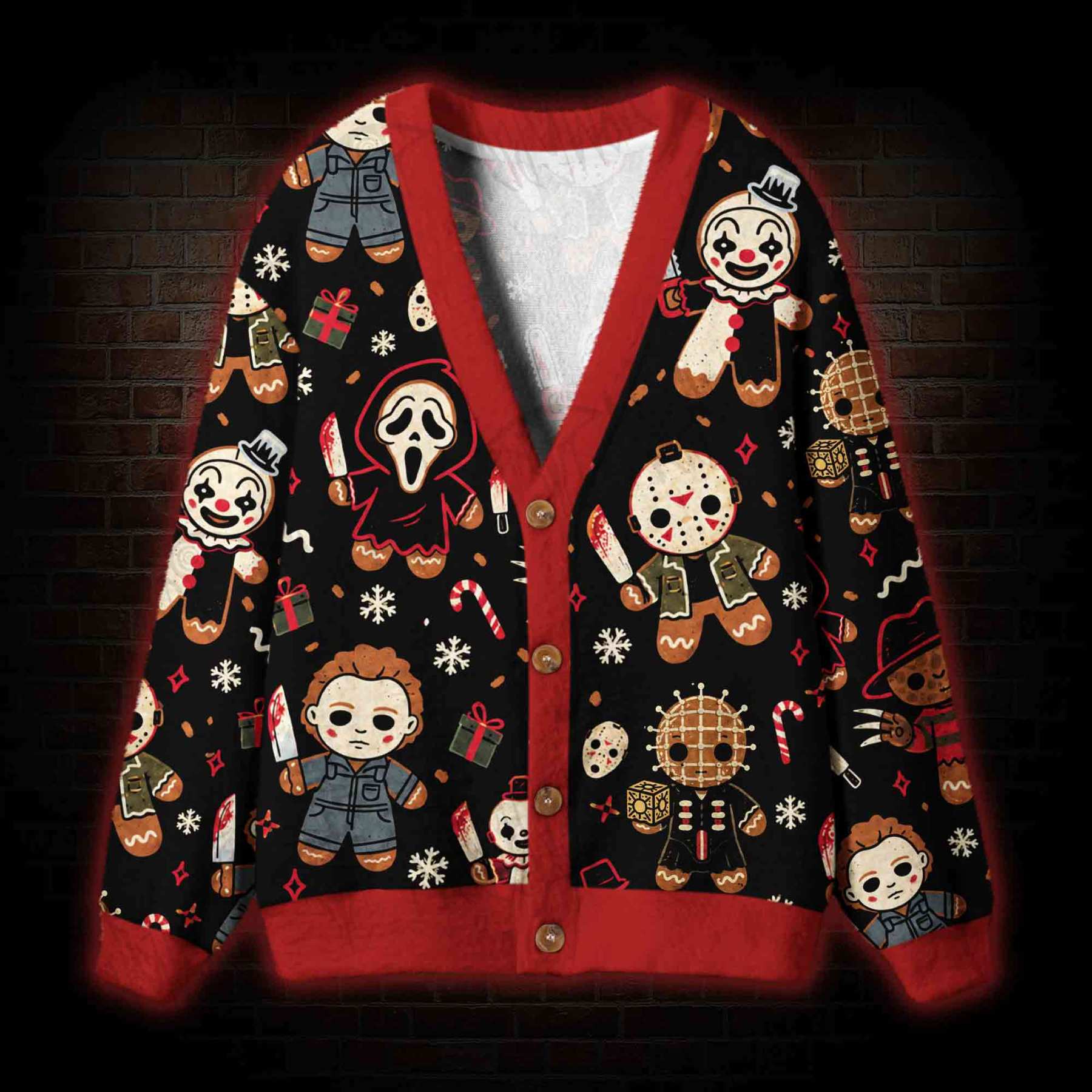 Funny Gingerbread Slasher Cardigan Sweater