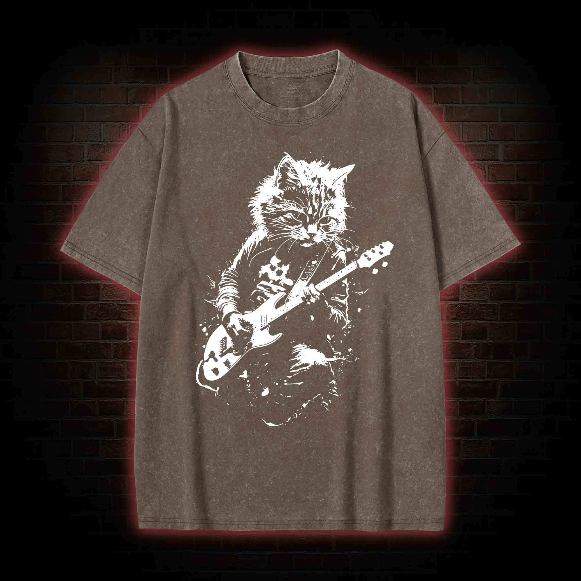 Rock Cat Playing Guitar Washed T-shirt