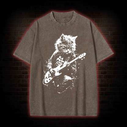 Rock Cat Playing Guitar Washed T-shirt