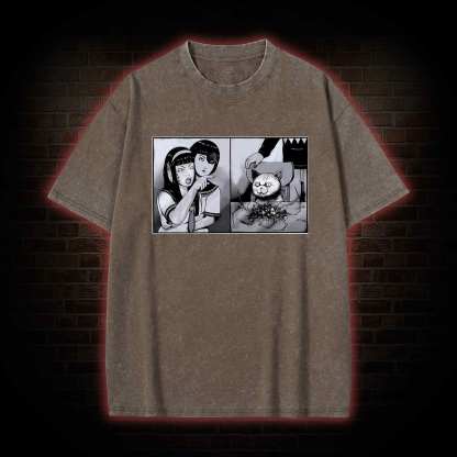 Girl Yelling at a Creepy Cat Washed T-shirt