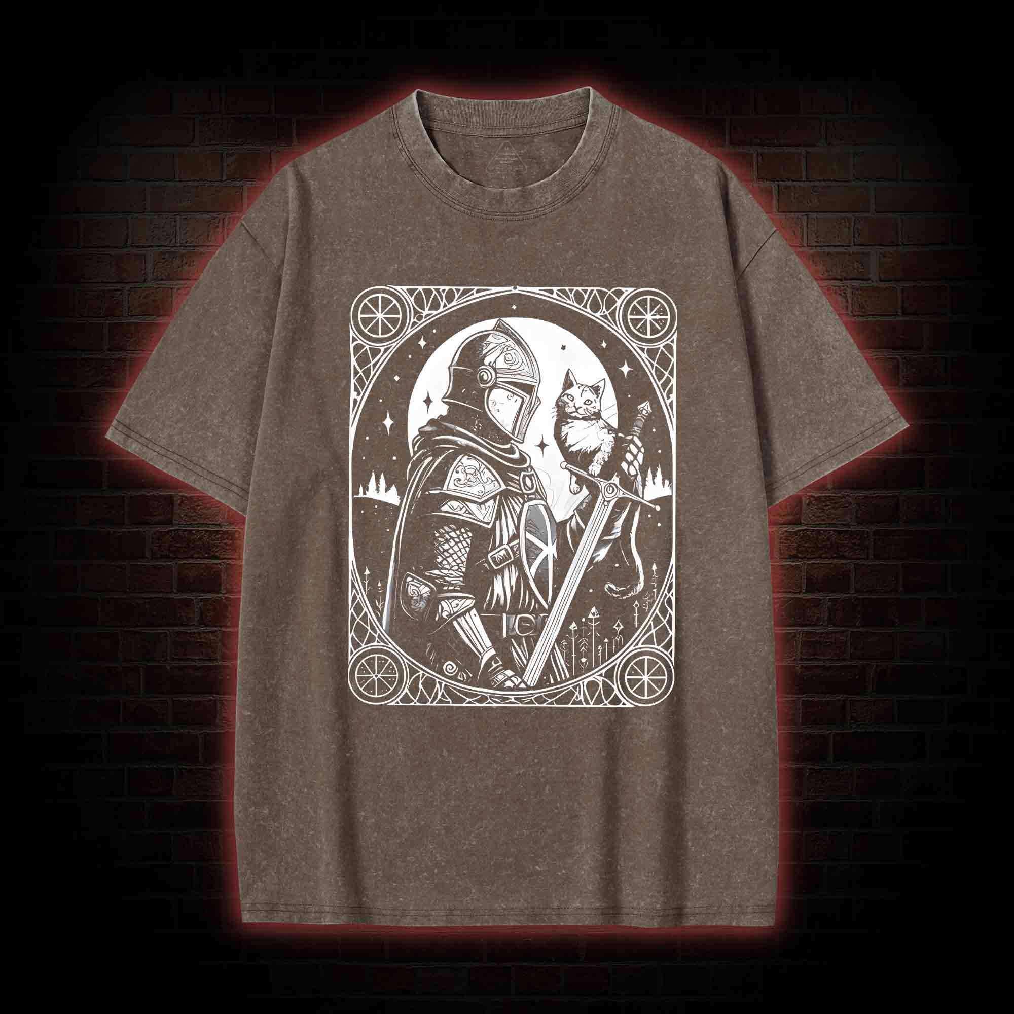 Knight Holding Cat Medieval Washed T-shirt