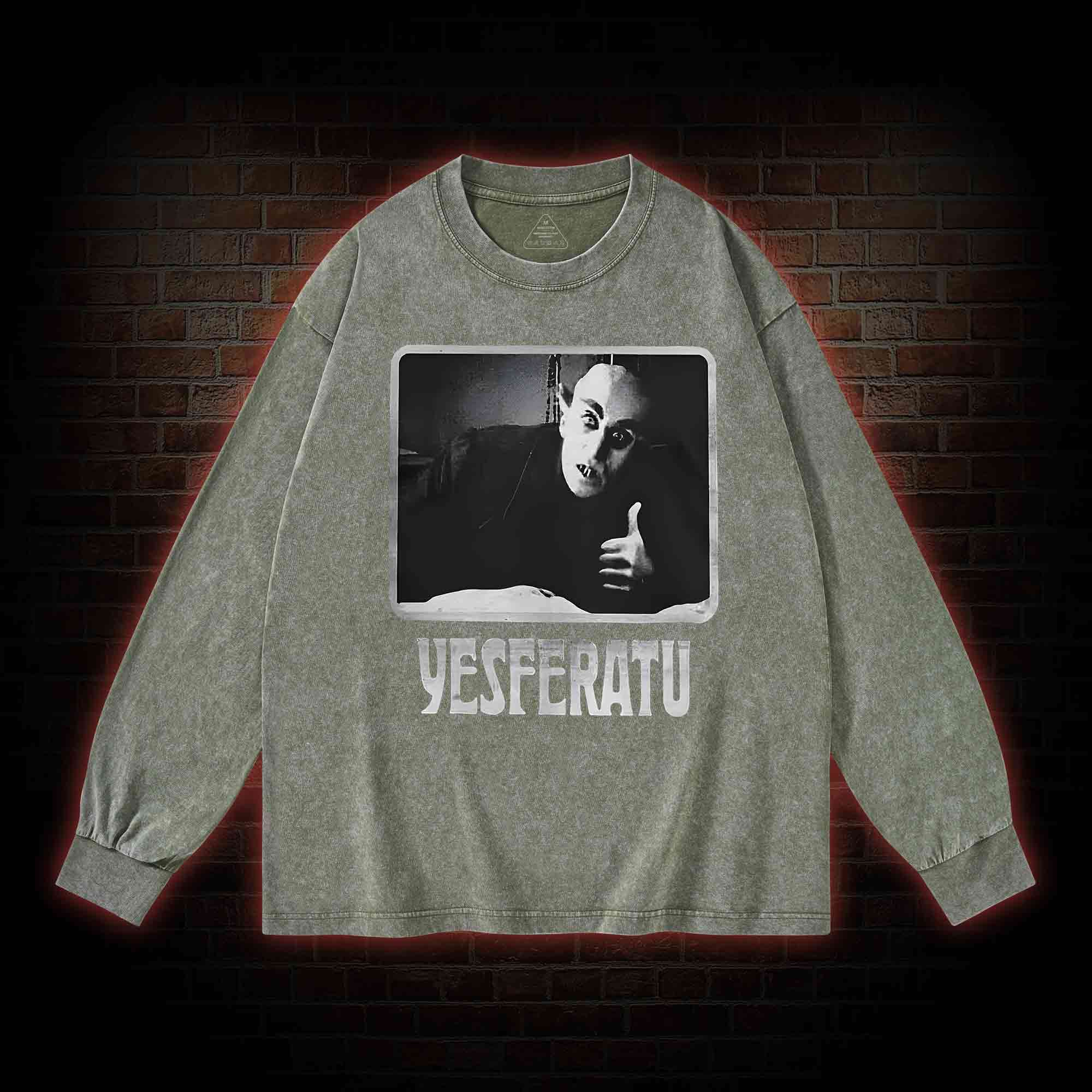 Yesferatu Funny Horror Retro Washed Long-Sleeve T-shirt