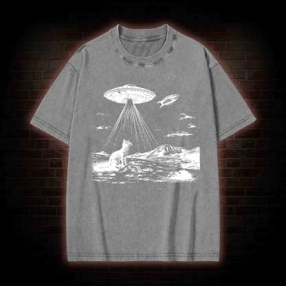 Ufo Cat Washed T-shirt