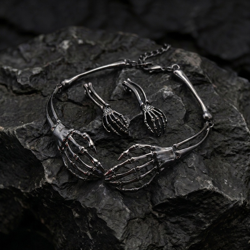 Skeleton Hand Necklace and Stud Earring Set