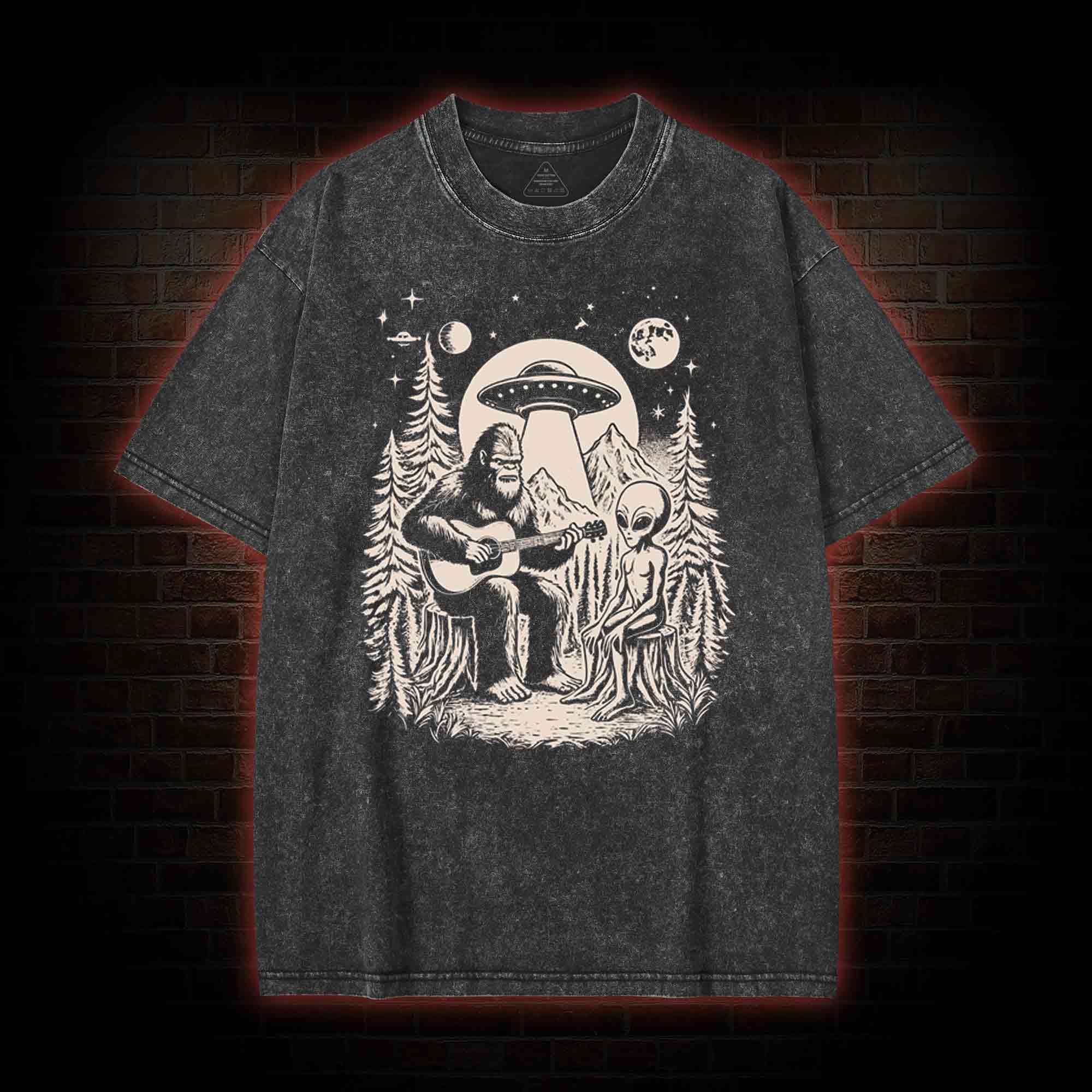 Bigfoot Playing Guitar With Alien and UFO Washed T-shirt