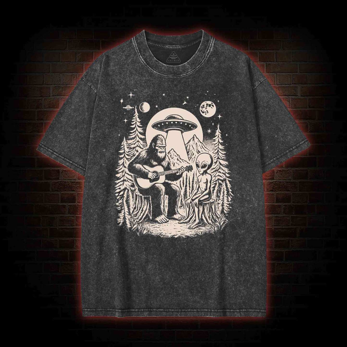Bigfoot Playing Guitar With Alien and UFO Washed T-shirt