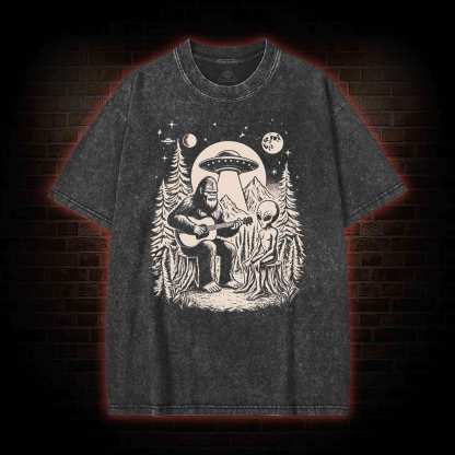 Bigfoot Playing Guitar With Alien and UFO Washed T-shirt