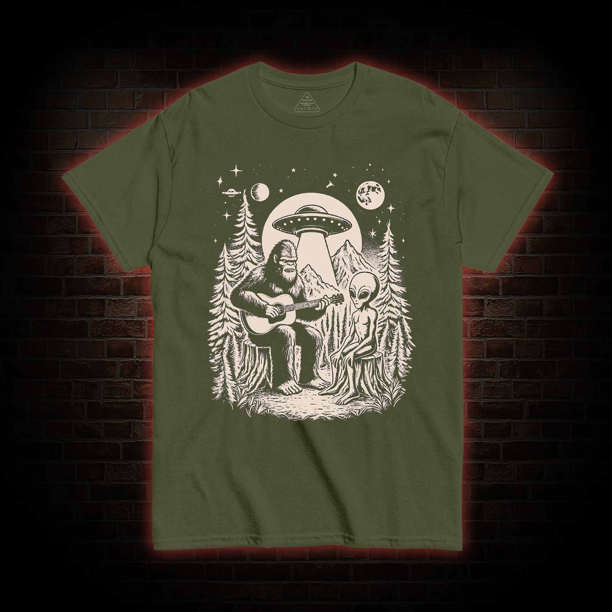 Bigfoot Playing Guitar With Alien and UFO T-Shirt 
