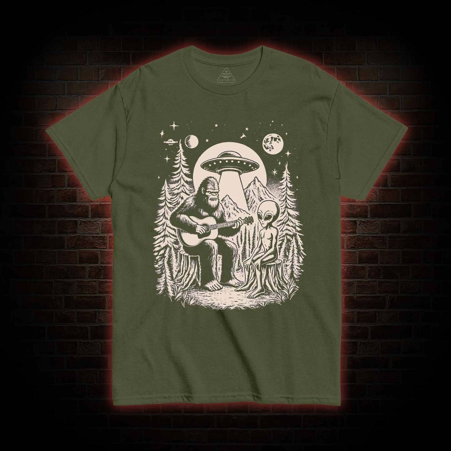 Bigfoot Playing Guitar With Alien and UFO T-Shirt 