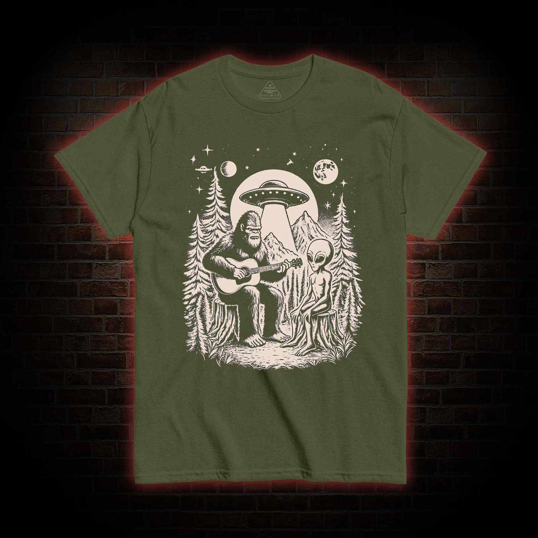 Bigfoot Playing Guitar With Alien and UFO T-Shirt 