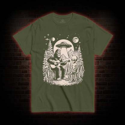 Bigfoot Playing Guitar With Alien and UFO T-Shirt 