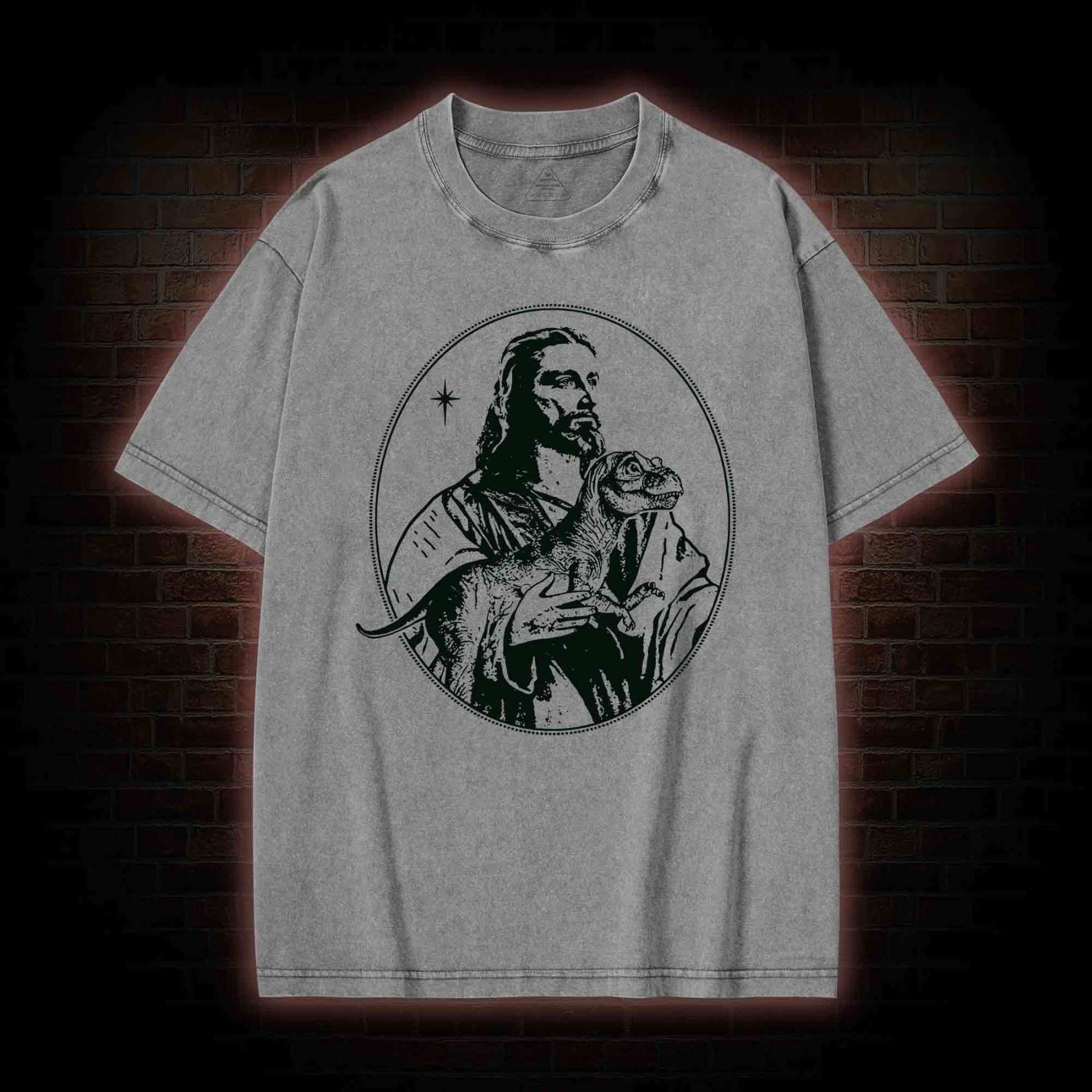 Jesus Holding Dinosaur Washed T-shirt
