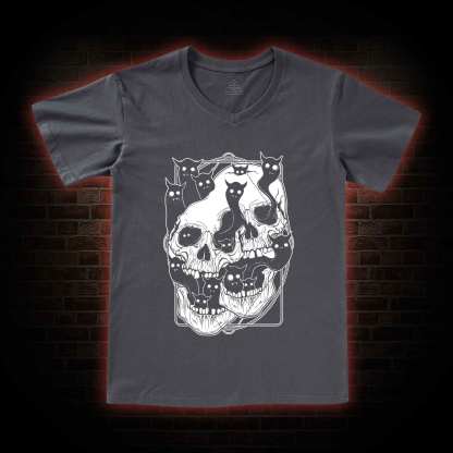Cat Ghost Double Skull V-Neck Classic T-Shirt