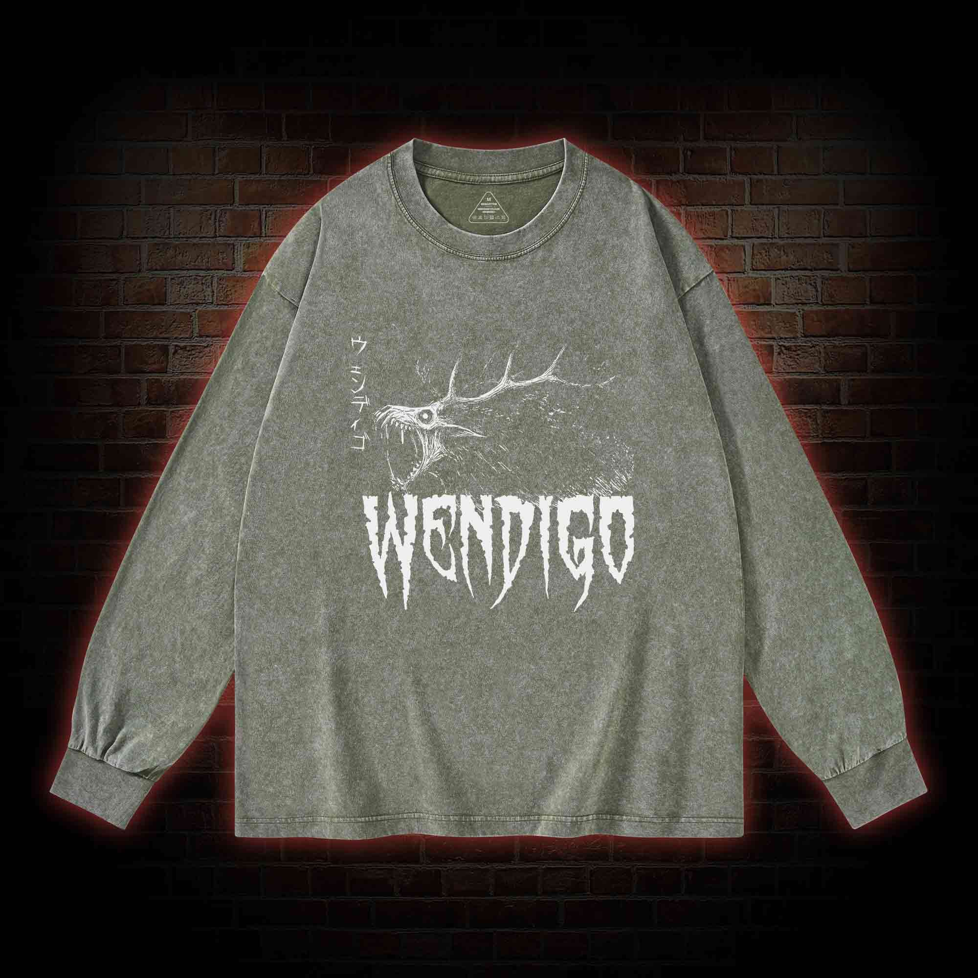 Wendigo Scary Monster Washed Long-Sleeve T-shirt
