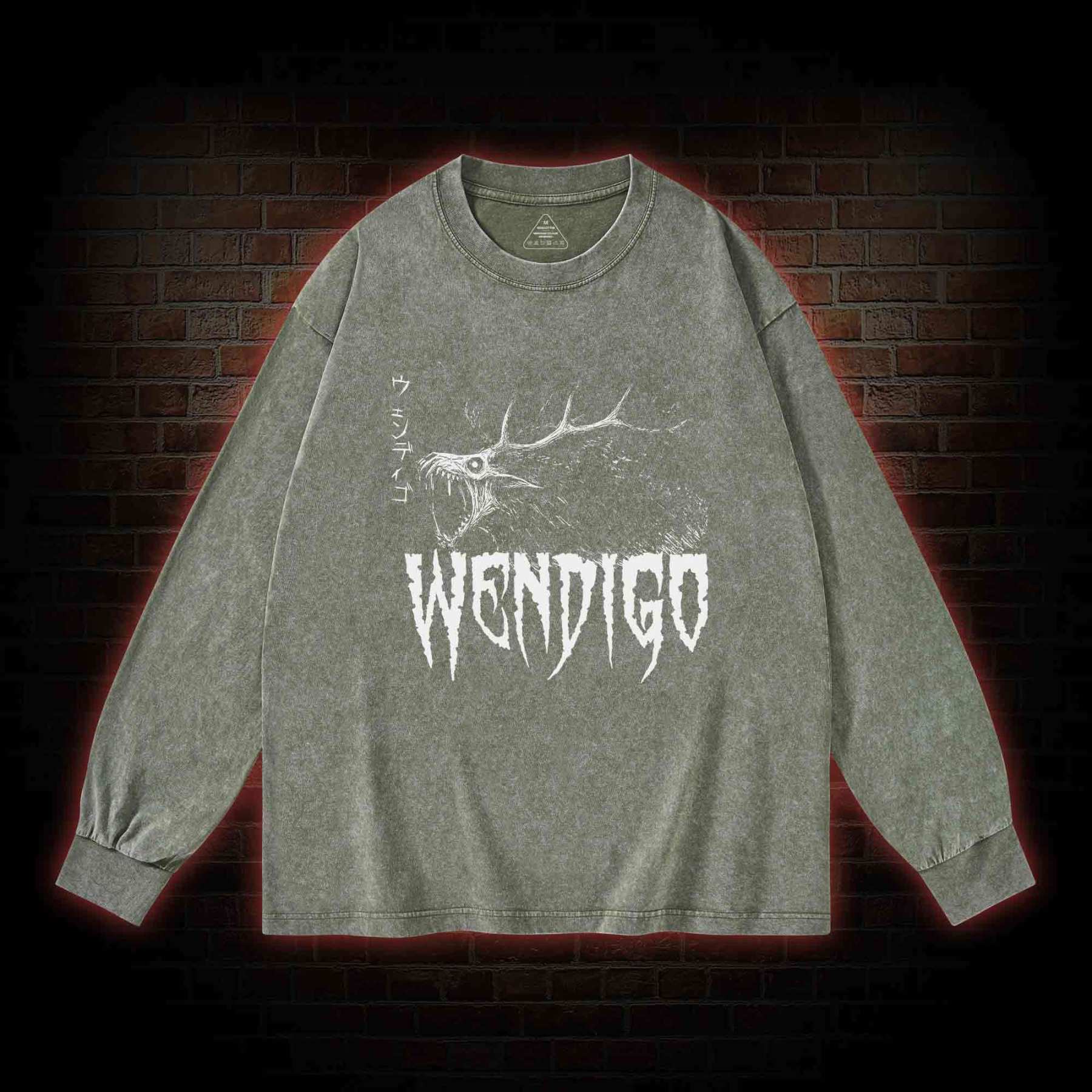 Wendigo Scary Monster Washed Long-Sleeve T-shirt