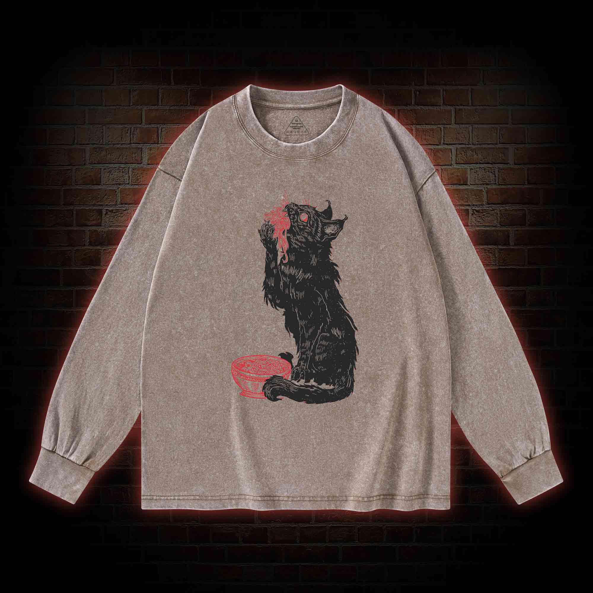 Cat Eating Noodles Washed Long-Sleeve T-shirt