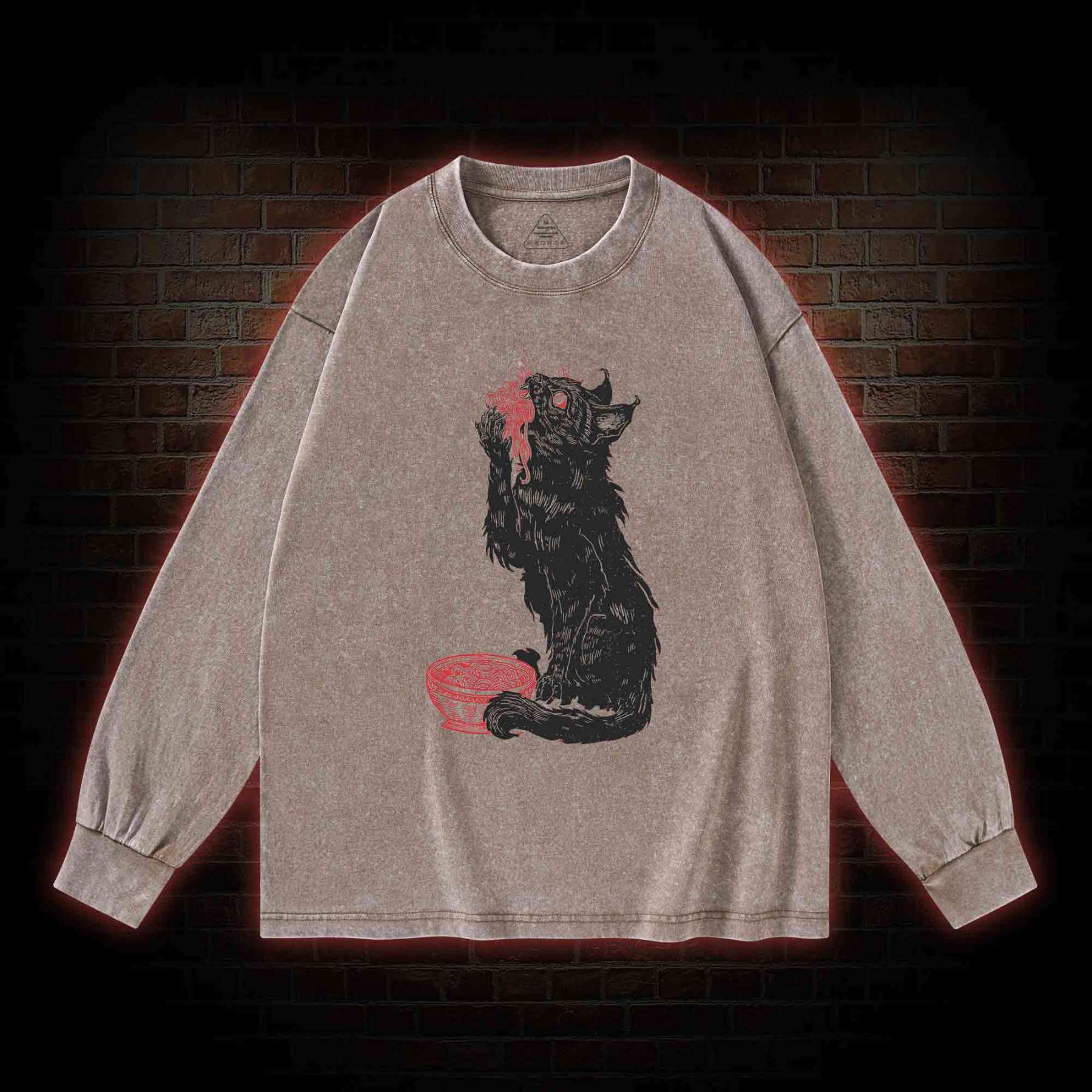 Cat Eating Noodles Washed Long-Sleeve T-shirt