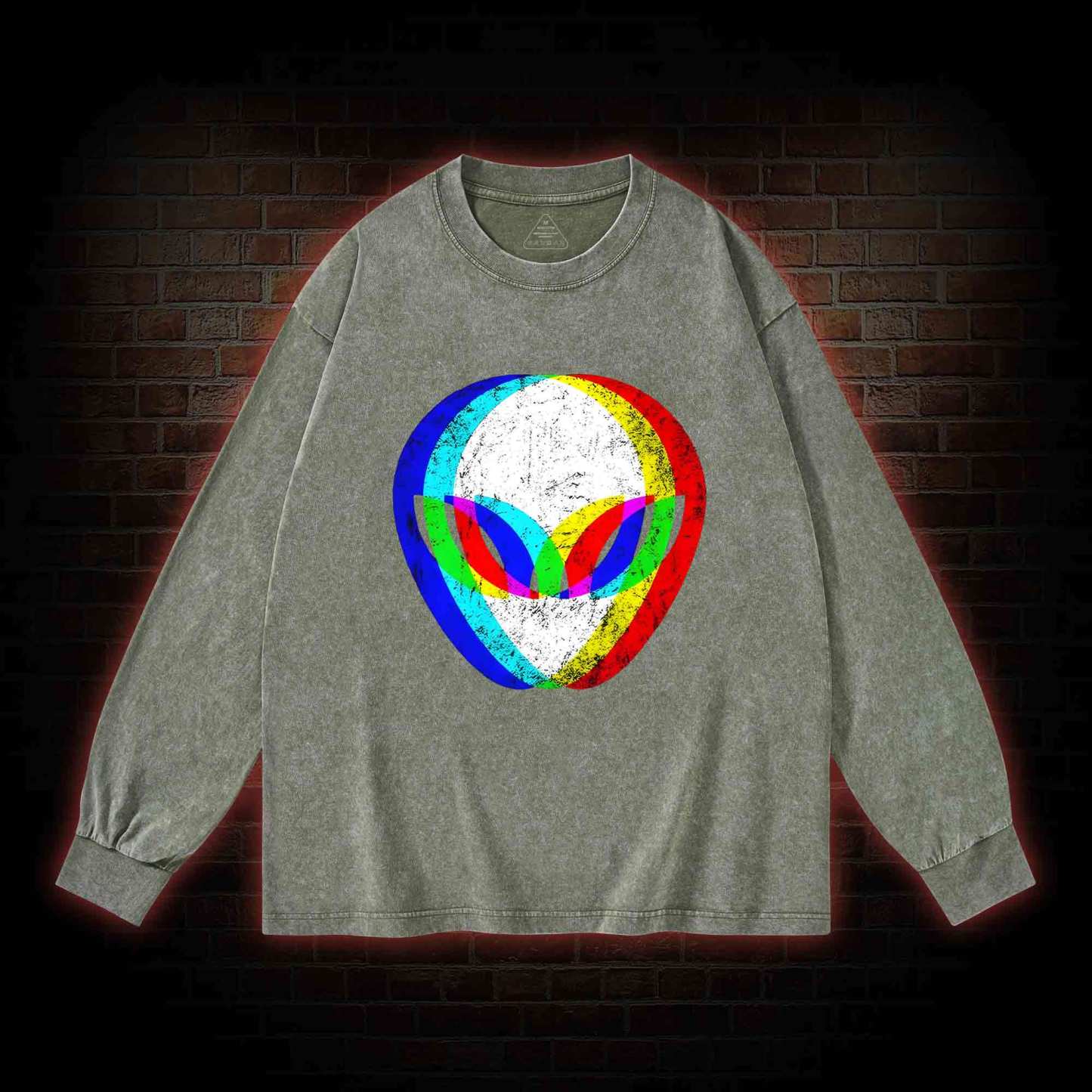 Alien Head Trippy Washed Long-Sleeve T-shirt