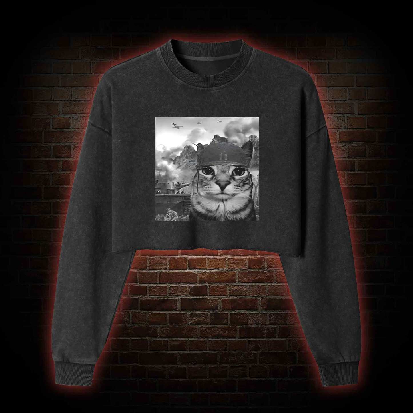 War Cat in the Battlefield Washed Cropped Sweatshirts