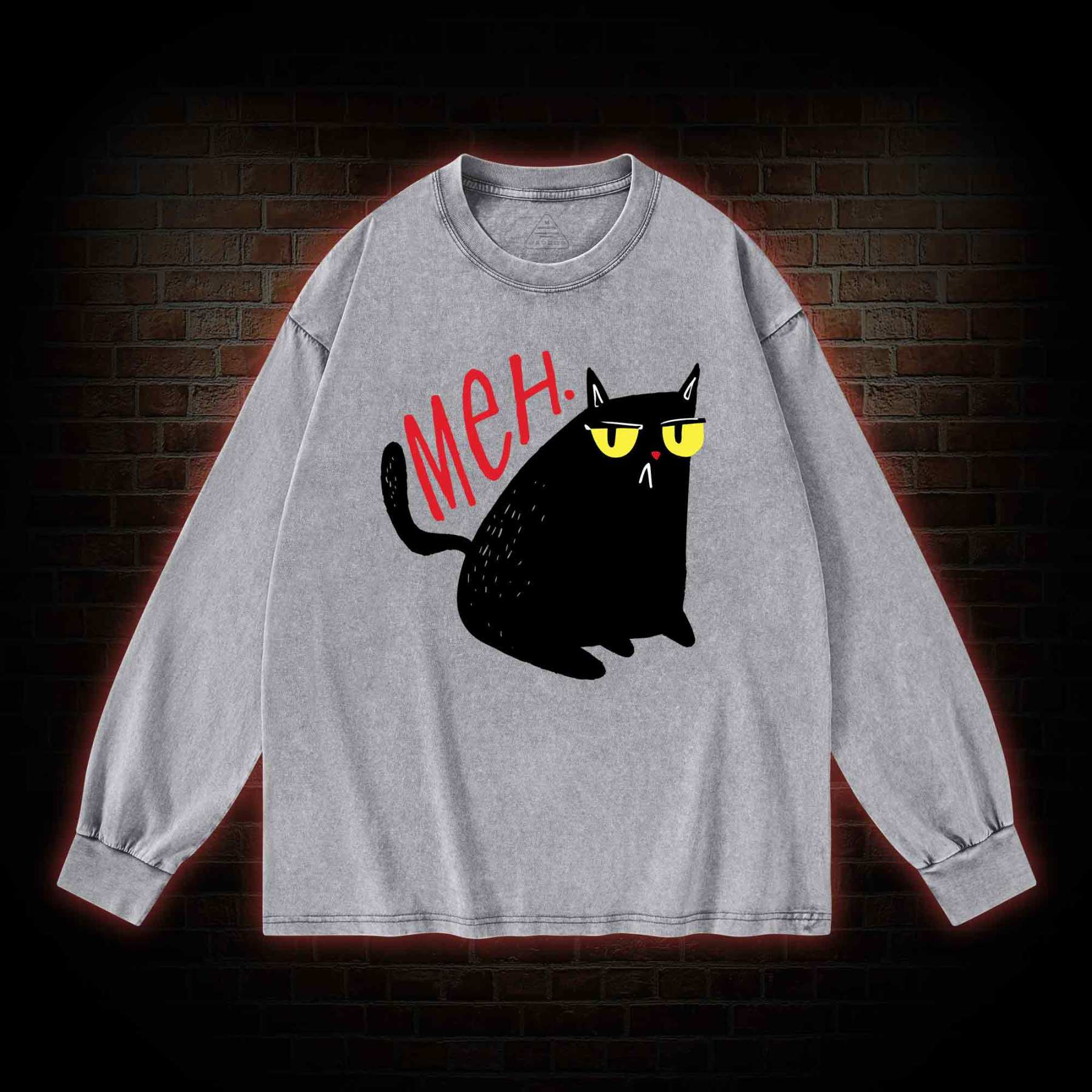 Meh Black Cat Washed Long-Sleeve T-shirt
