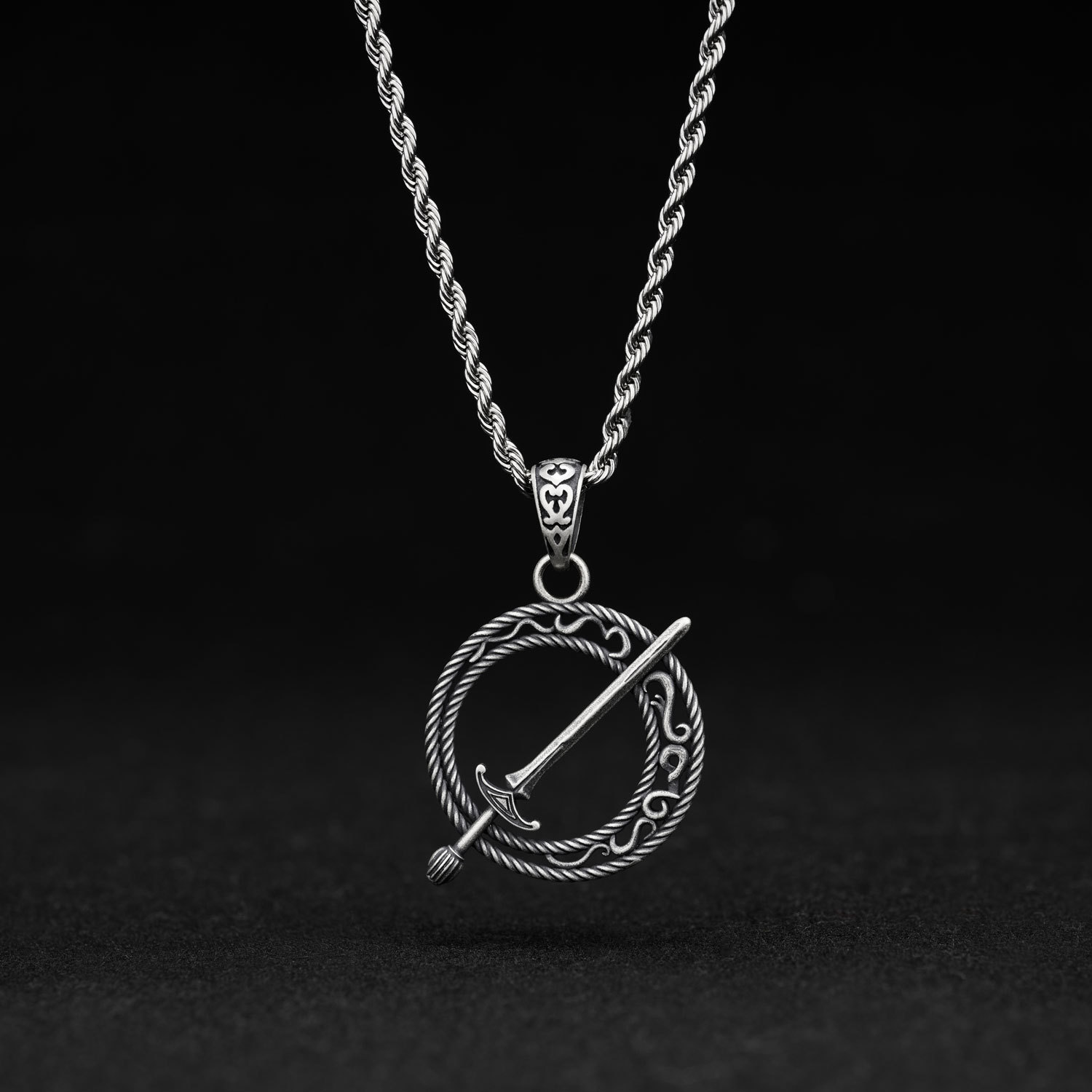 Silver Moon and Sword Sculptural Necklace