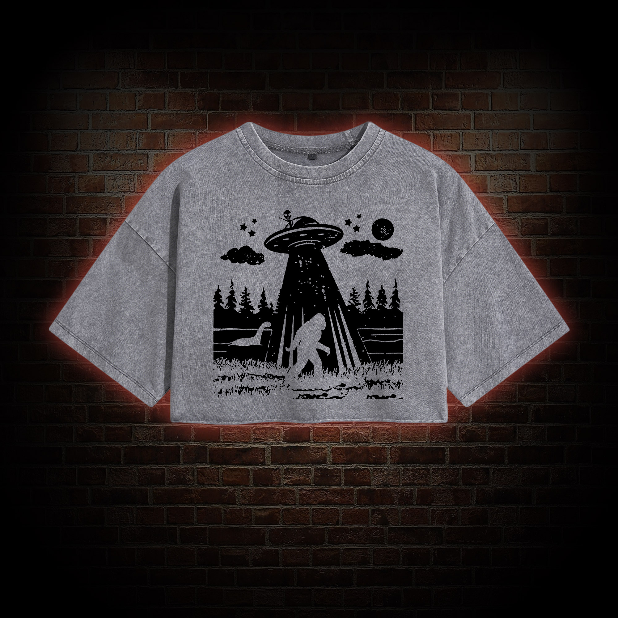 Bigfoot Sasquatch Alien UFO Loch Ness Monster Washed Cropped T-shirts