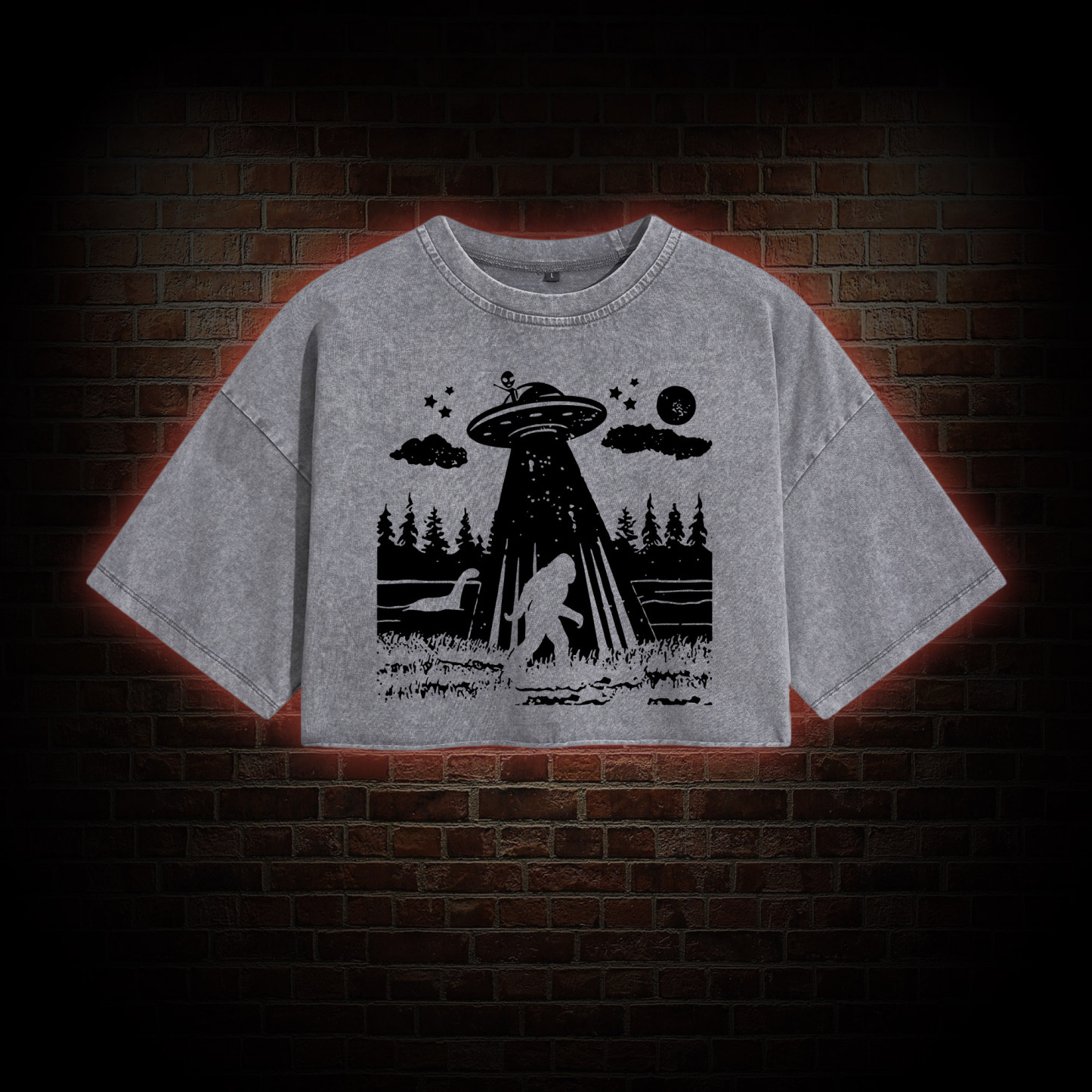 Bigfoot Sasquatch Alien UFO Loch Ness Monster Washed Cropped T-shirts