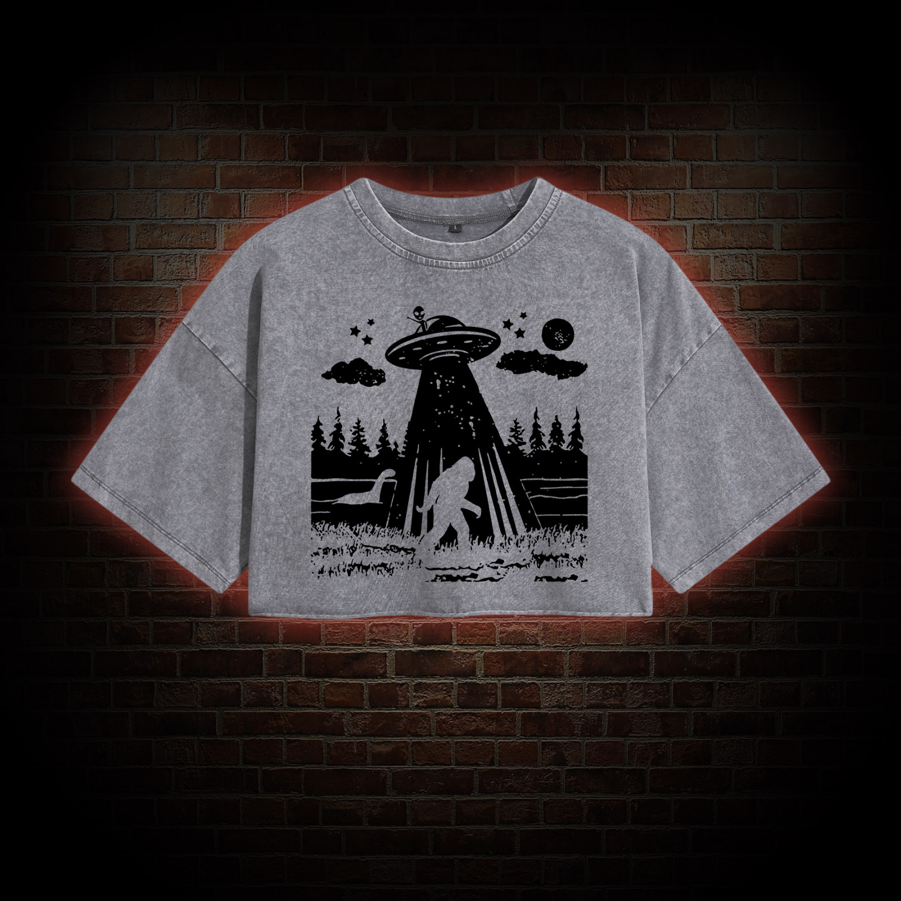 Bigfoot Sasquatch Alien UFO Loch Ness Monster Washed Cropped T-shirts