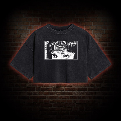 Creepy Girl Eyes, Spiral Horror Manga Washed Cropped T-shirts