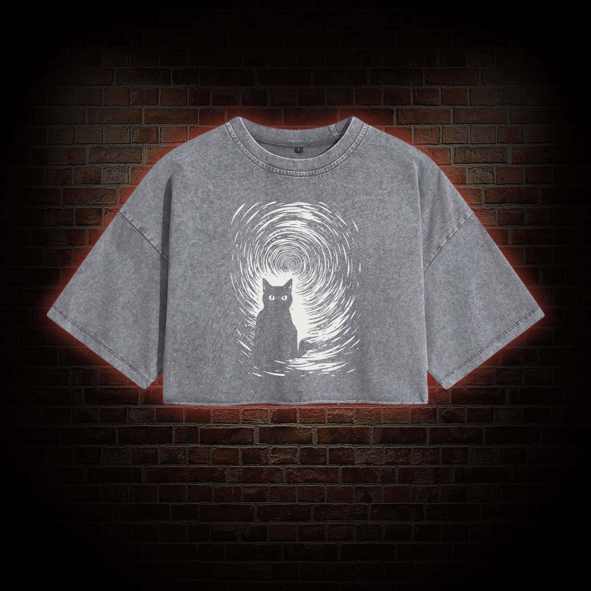 Retro Black Cat Washed Cropped T-shirts