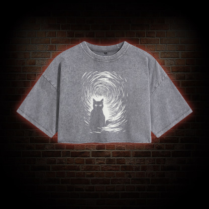 Retro Black Cat Washed Cropped T-shirts