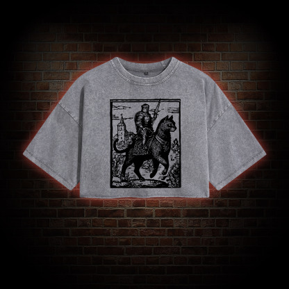 Knight Cat Rider Washed Cropped T-shirts