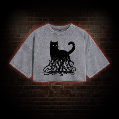 Octopus and Black Cat Washed Cropped T-shirts