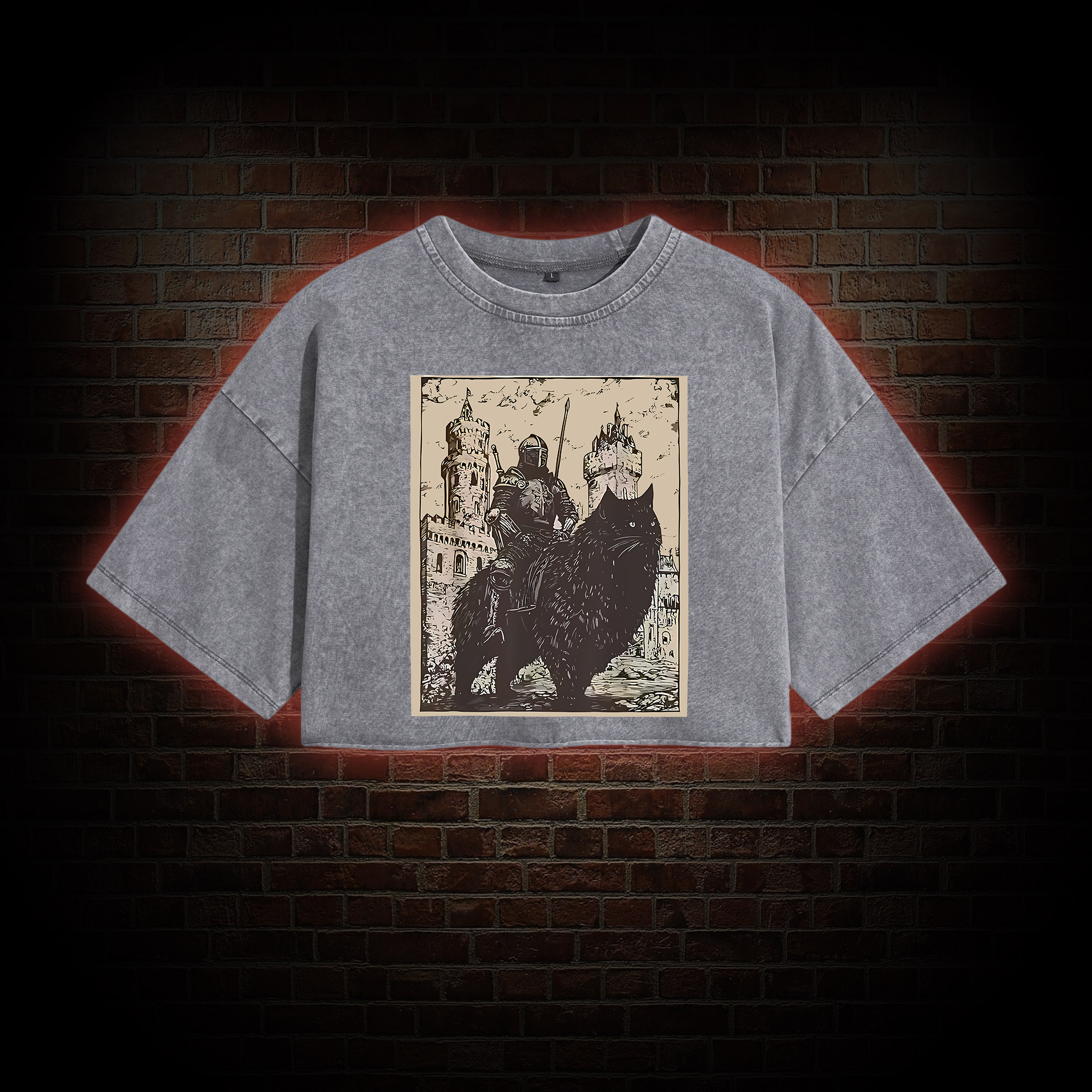Knight Cat Rider Vintage Washed Cropped T-shirts