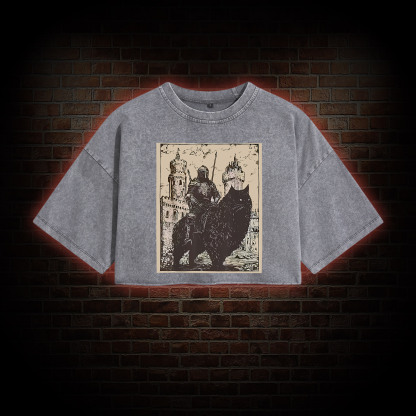 Knight Cat Rider Vintage Washed Cropped T-shirts