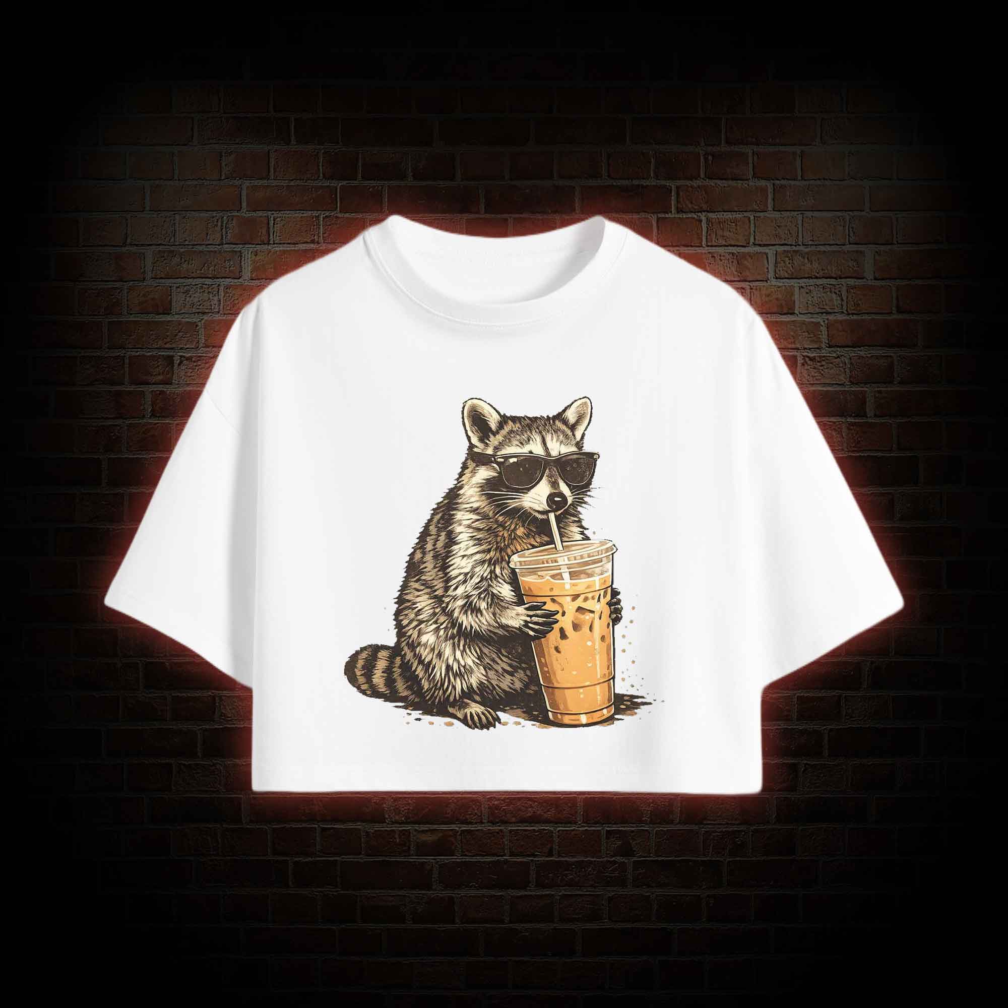 Raccoon Drinking Iced Coffee Crop Top