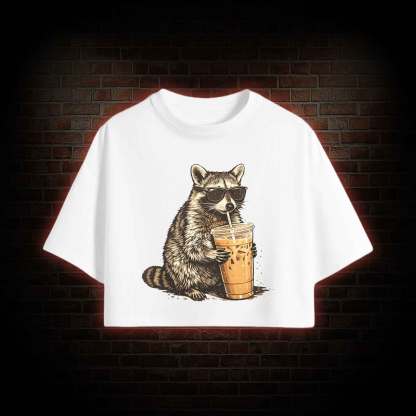 Raccoon Drinking Iced Coffee Crop Top