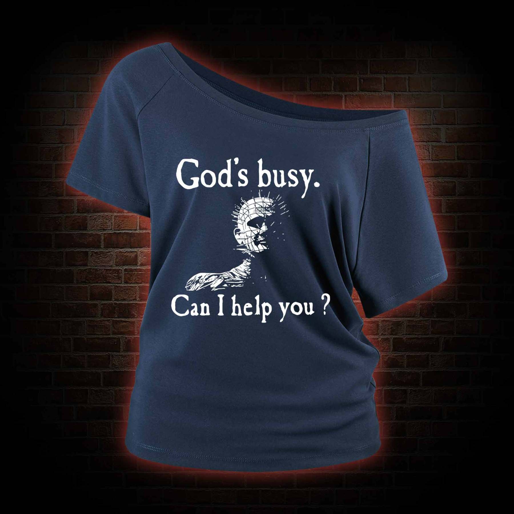God’s Busy Can I Help You Off Shoulder T-shirts
