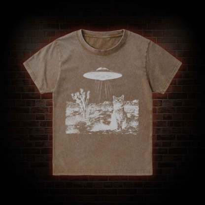 Ufo Cowboy Cat Kid Washed T-Shirt
