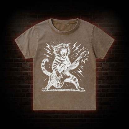 Rock and Roll Cat Kid Washed T-Shirt