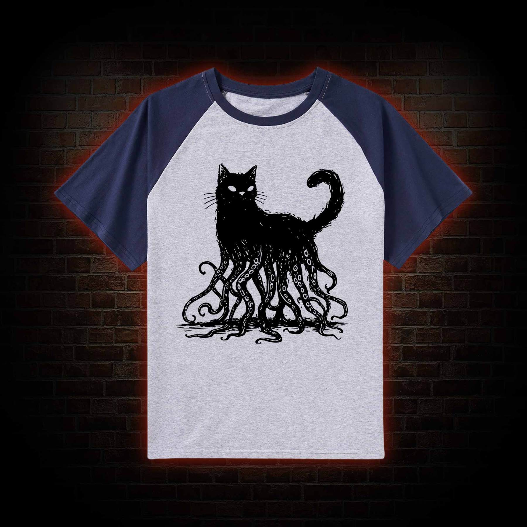 Octopus And Black Cat Raglan T-shirt
