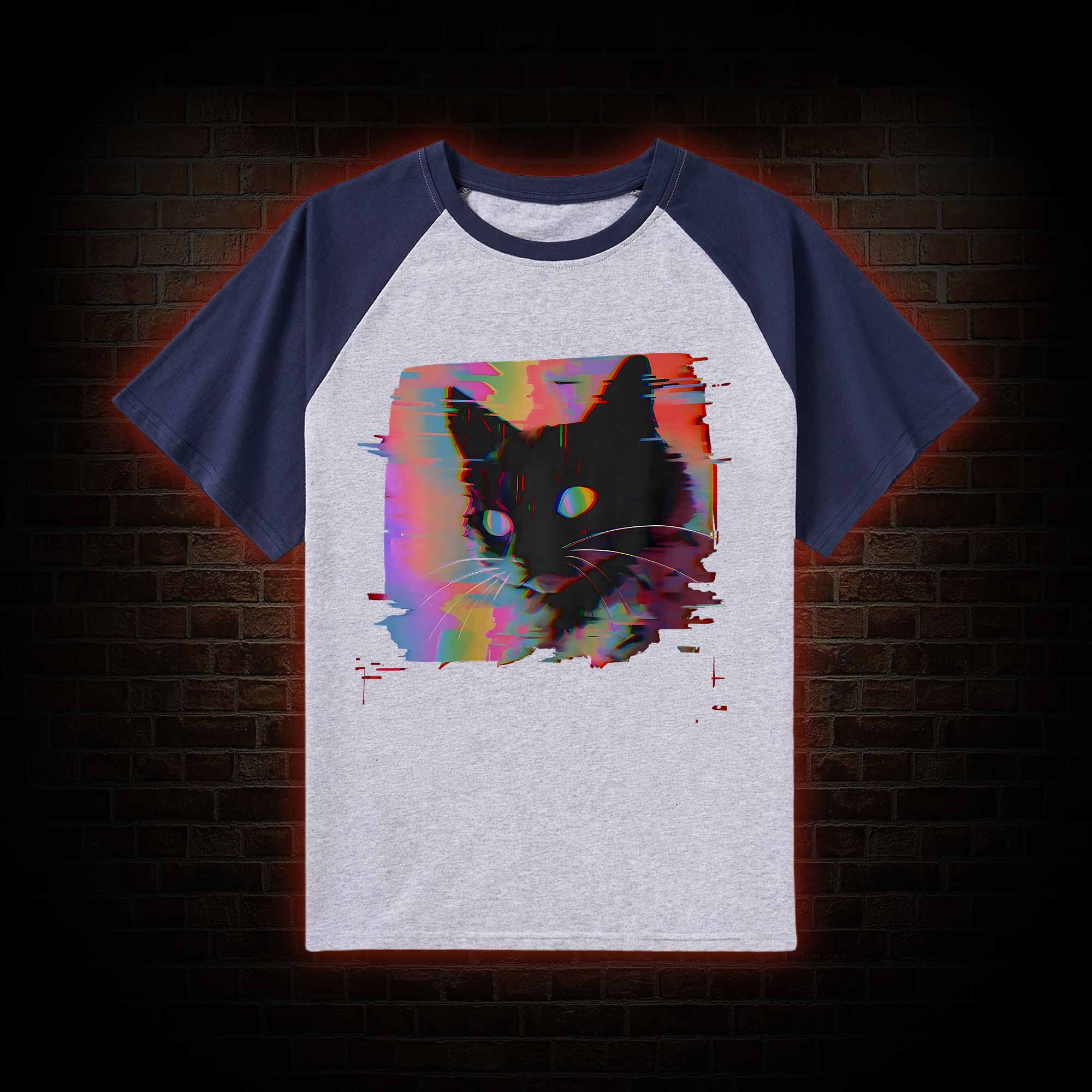 Psychedelic Weirdcore Cat Raglan T-shirt