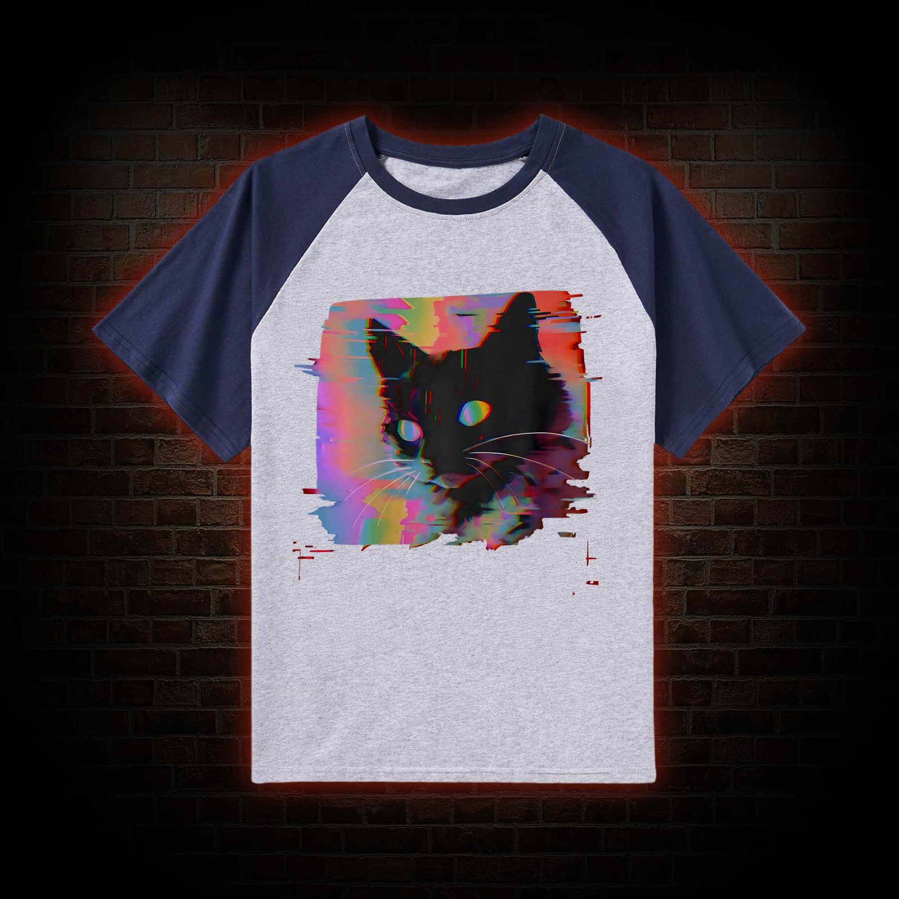 Psychedelic Weirdcore Cat Raglan T-shirt